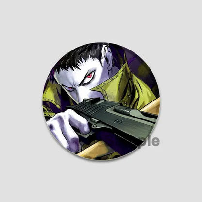 Circular man saitama button pin featuring an anime character with white skin red eyes black hair and yellow jacket holding a gun
