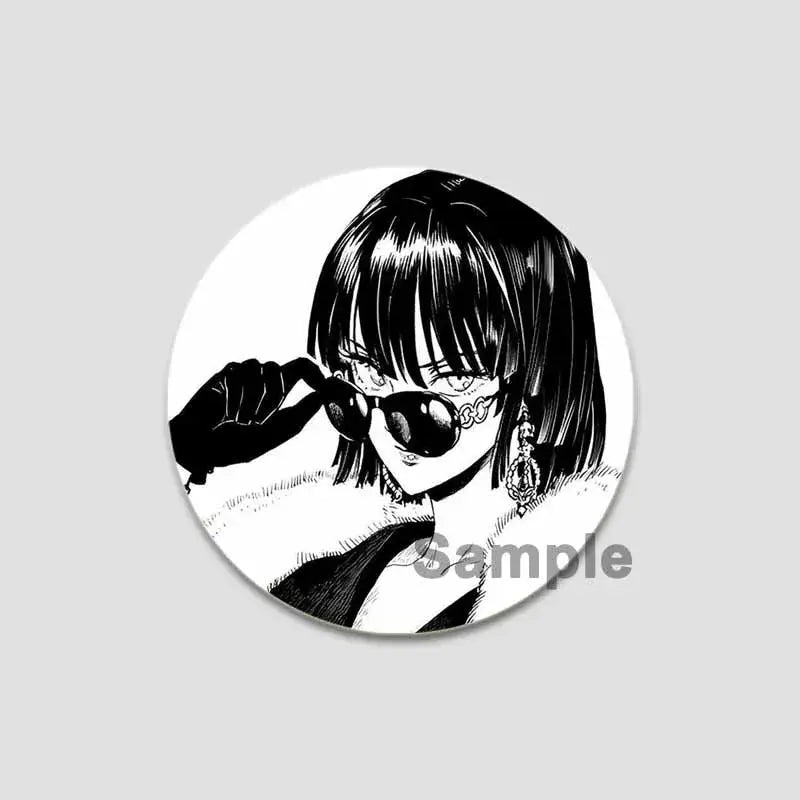 Black-and-white circular punch man saitama button pin featuring an anime-style character with sunglasses and earrings