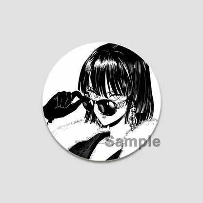 Black-and-white circular punch man saitama button pin featuring an anime-style character with sunglasses and earrings