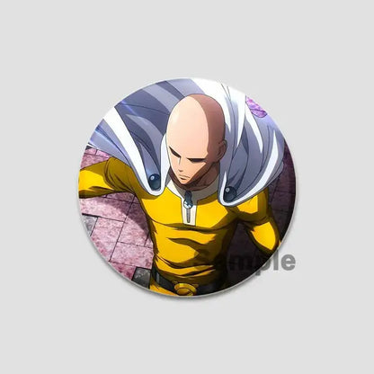 One punch man saitama button pin featuring saitama in yellow suit with white cape stylish man saitama button badge