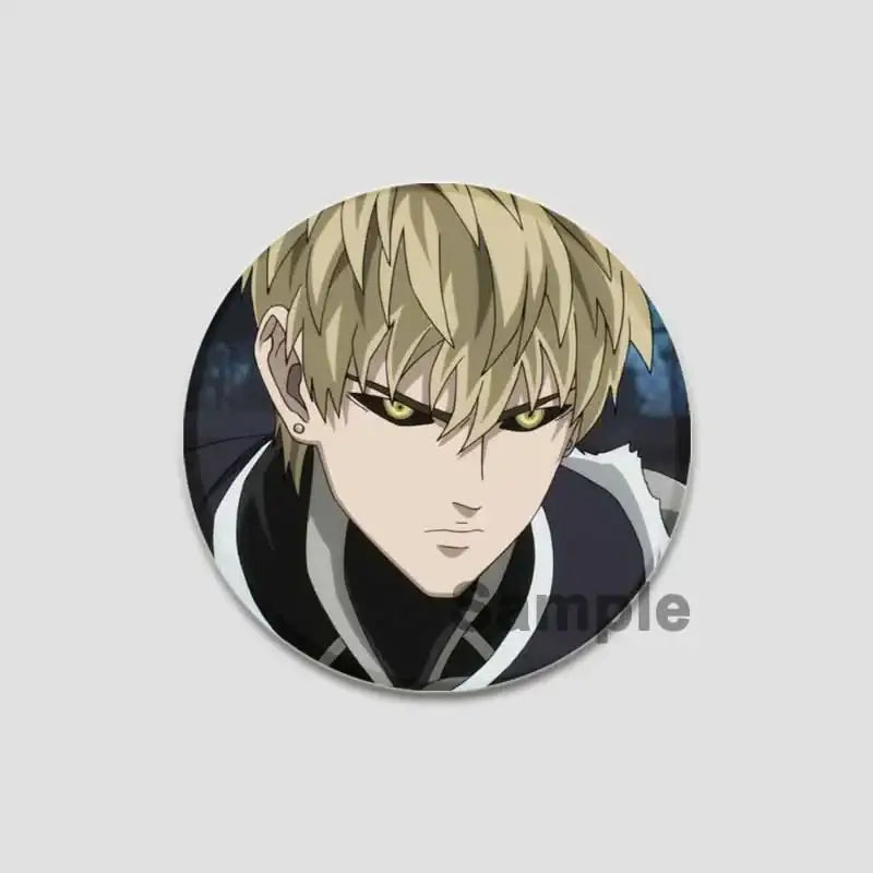 Circular punch man saitama button pin featuring stylized anime character with spiky blonde hair and dark clothing