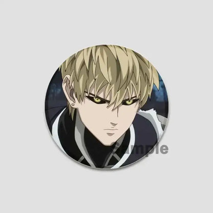 Circular punch man saitama button pin featuring stylized anime character with spiky blonde hair and dark clothing