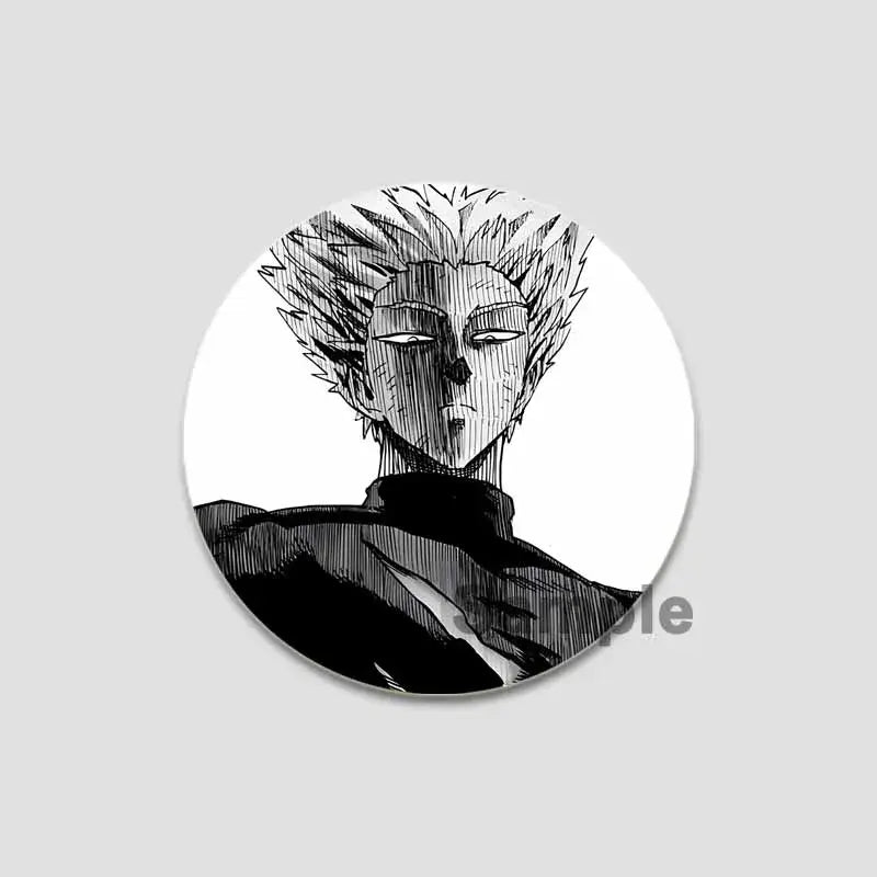 Black-and-white circular punch man saitama button pin featuring a stylized anime character with spiky hair and closed eyes