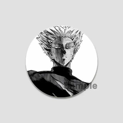 Black-and-white circular punch man saitama button pin featuring a stylized anime character with spiky hair and closed eyes