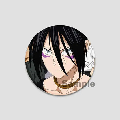 Black-haired anime character with purple eye markings and gold choker on one punch man saitama button pin badge