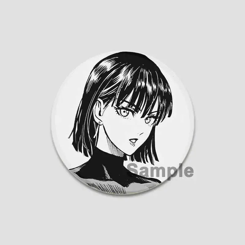 Black-and-white illustrated circular button pin featuring manga-style punch man saitama with expressive eyes