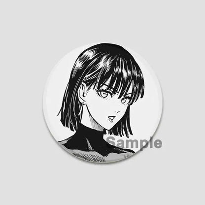 Black-and-white illustrated circular button pin featuring manga-style punch man saitama with expressive eyes
