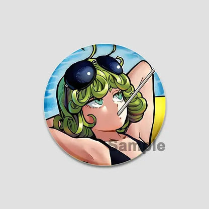 Circular man saitama button pin featuring an anime character with vibrant green curly hair and black sunglasses
