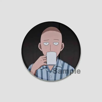 Circular punch man saitama button pin featuring anime character in blue and white striped pajamas sipping from mug