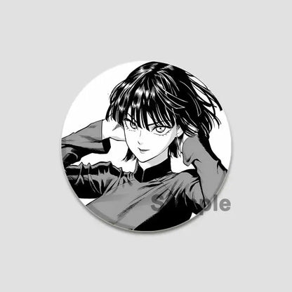 Black-and-white circular punch man saitama button pin featuring anime character with short hair and high-collared outfit