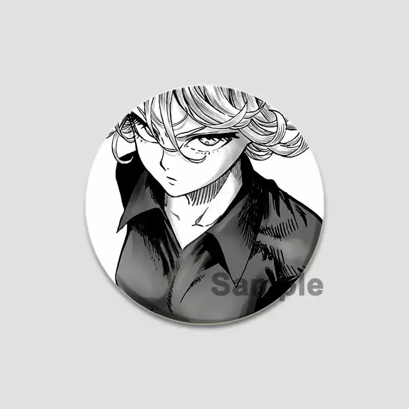 Black-and-white circular punch man saitama button pin featuring detailed anime linework and shading stylish badge design