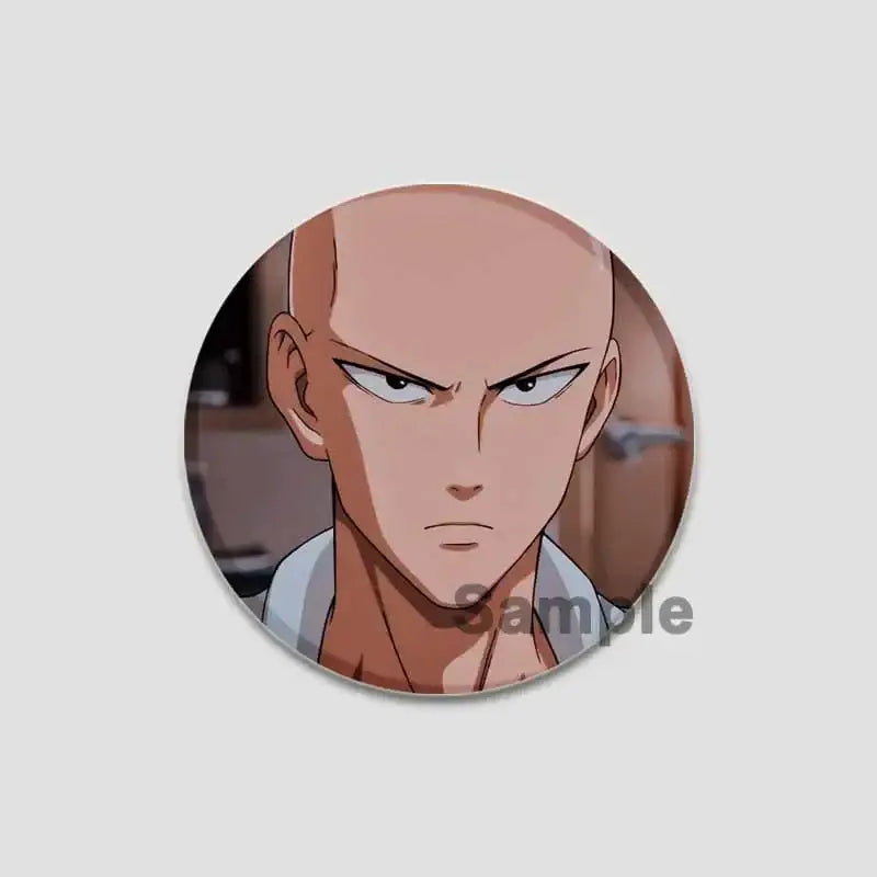 Circular man saitama button pin featuring a bald anime character with intense expression and white eyes on light skin background