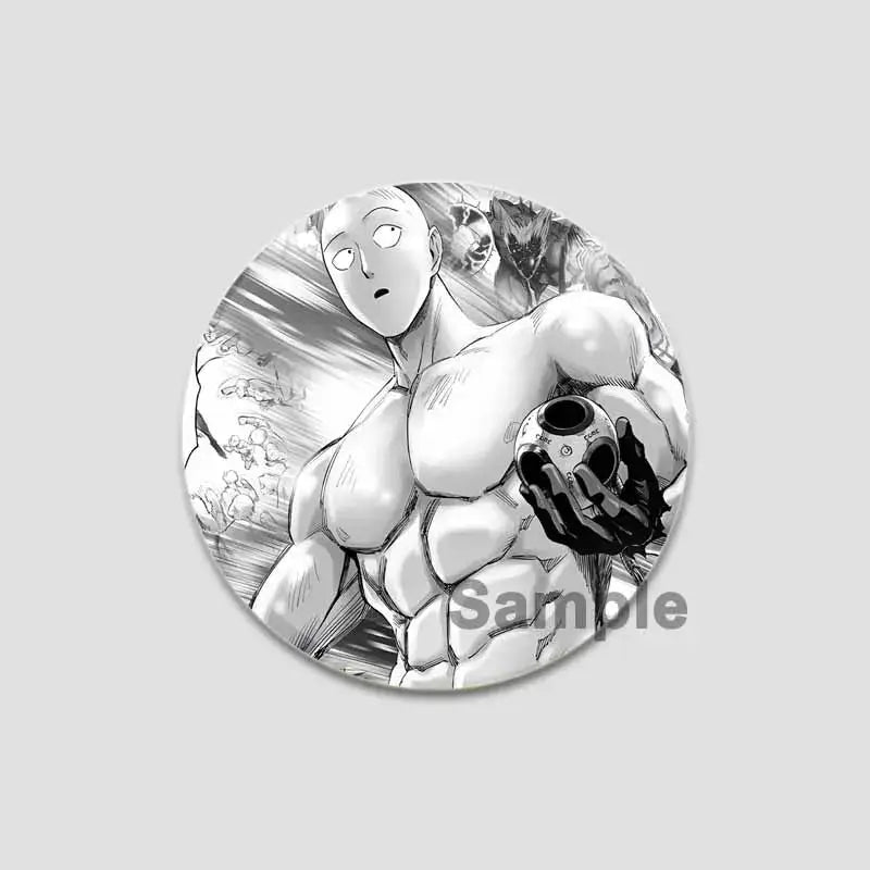 Black and white one punch man saitama button pin featuring muscular saitama holding a skull stylish badge