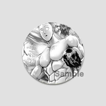 Black and white one punch man saitama button pin featuring muscular saitama holding a skull stylish badge
