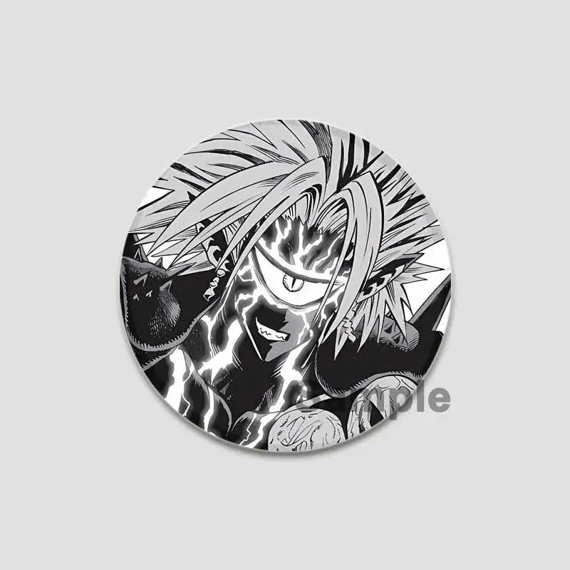 Circular black-and-white man saitama button pin featuring an anime character with spiky hair and lightning effects