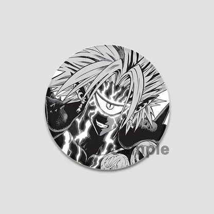 Circular black-and-white man saitama button pin featuring an anime character with spiky hair and lightning effects