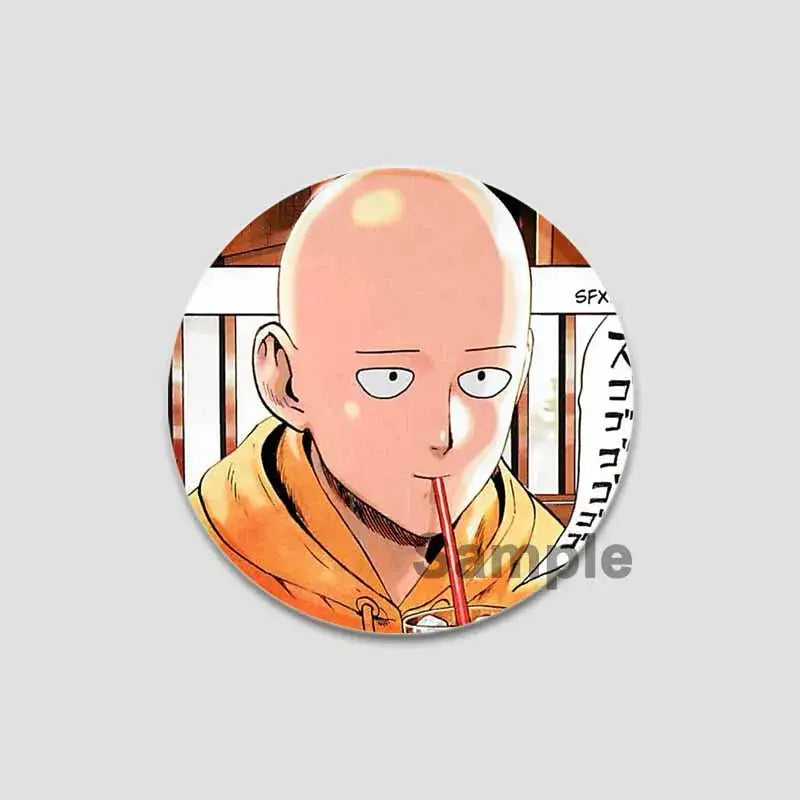 Circular punch man saitama button pin featuring a bald anime character in an orange hoodie sipping from a red straw