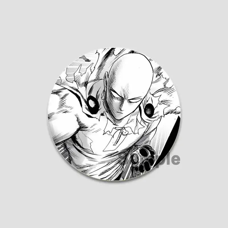 Black-and-white circular man saitama button pin featuring a dynamic illustrated pose of punch man saitama in stylish badge design