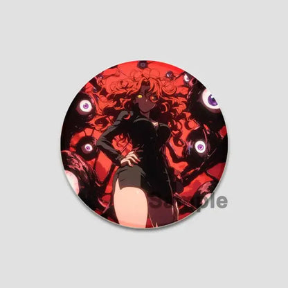 Circular punch man saitama button pin featuring anime character with red hair glowing yellow eyes and floating eyeballs