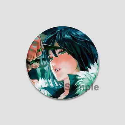 Circular punch man saitama button pin featuring an anime character with dark blue hair and green eyes in fur-lined garment
