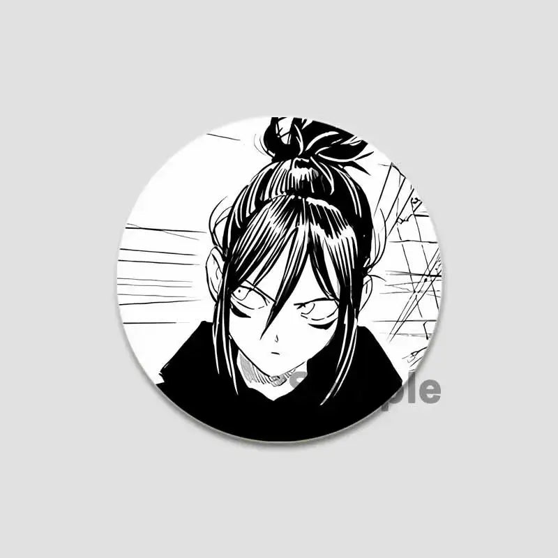 Black-and-white one punch man saitama button pin featuring anime character with high ponytail and intense expression