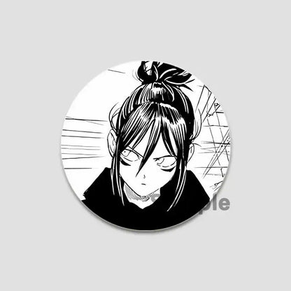 Black-and-white one punch man saitama button pin featuring anime character with high ponytail and intense expression
