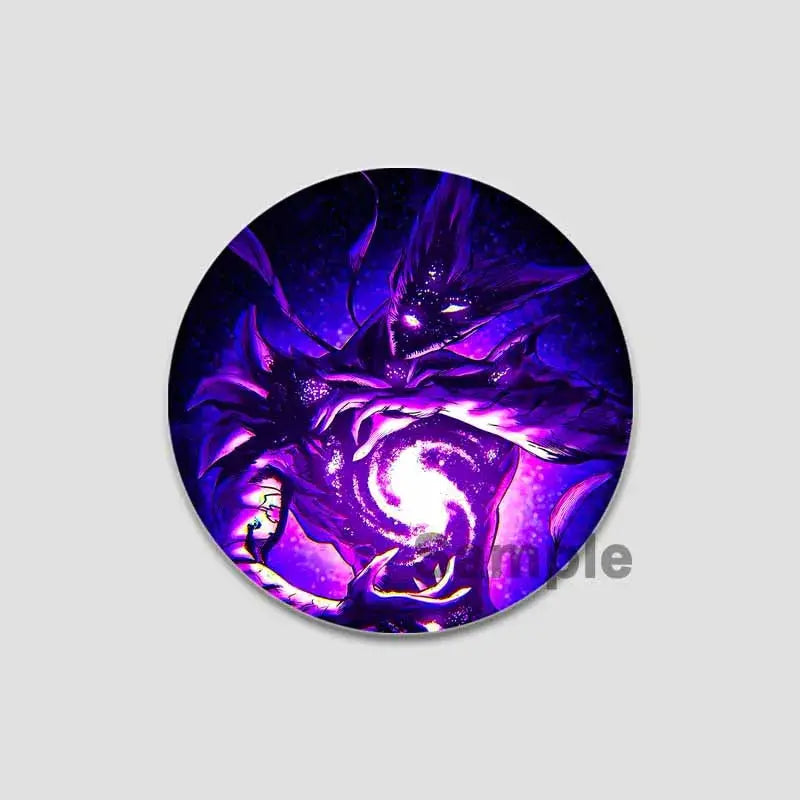 Purple and black circular punch man saitama button pin with glowing dragon design and swirling cosmic patterns