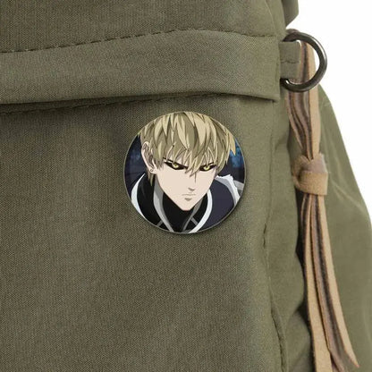 Circular punch man saitama button pin featuring blonde anime character with intense eyes on dark background