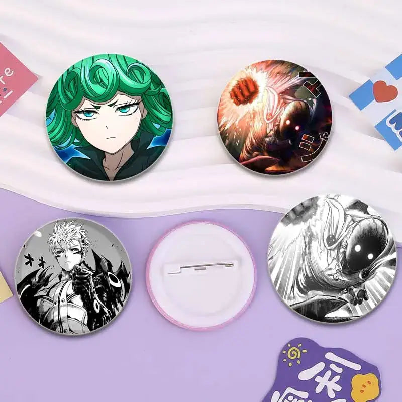 Circular punch man saitama button pin badges featuring vibrant green hair fiery scenes and black-and-white glossy designs