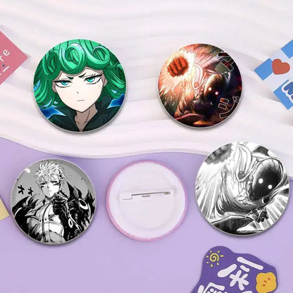 Circular punch man saitama button pin badges featuring vibrant green hair fiery scenes and black-and-white glossy designs