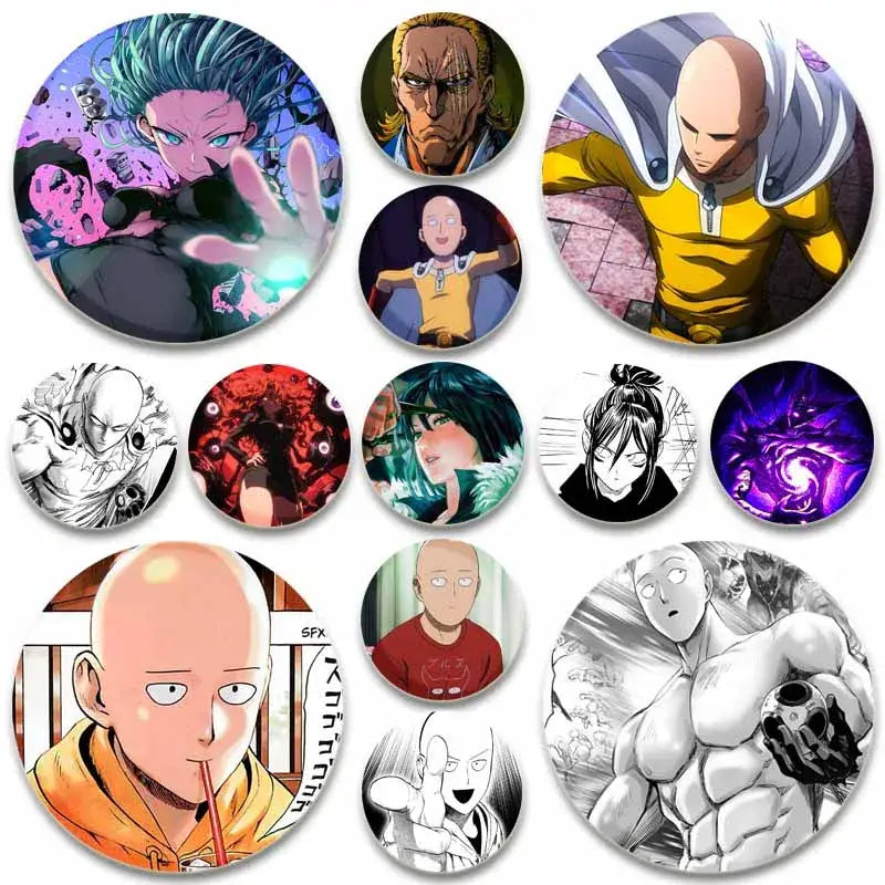 Circular punch man saitama button pins featuring vibrant color and black-and-white designs with various poses and expressions