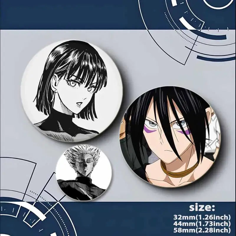 Three black and white punch man saitama button pin badges with purple eye accent in 32mm 44mm and 58mm sizes