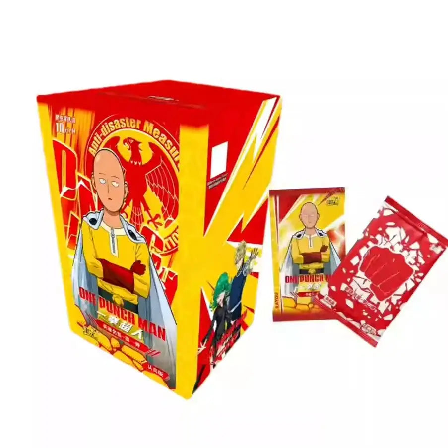 Vibrant red and yellow cardboard one punch man saitama card namebook featuring bold graphics and eagle emblem battle collection