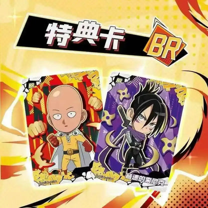 Two collectible punch man battle collection anime cards featuring saitama and the speed demon with vibrant backgrounds