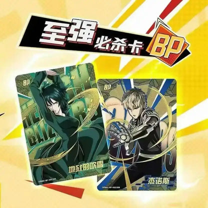 Two my hero academia anime collectible cards with dark green gold and blue black designs in one punch man battle collection