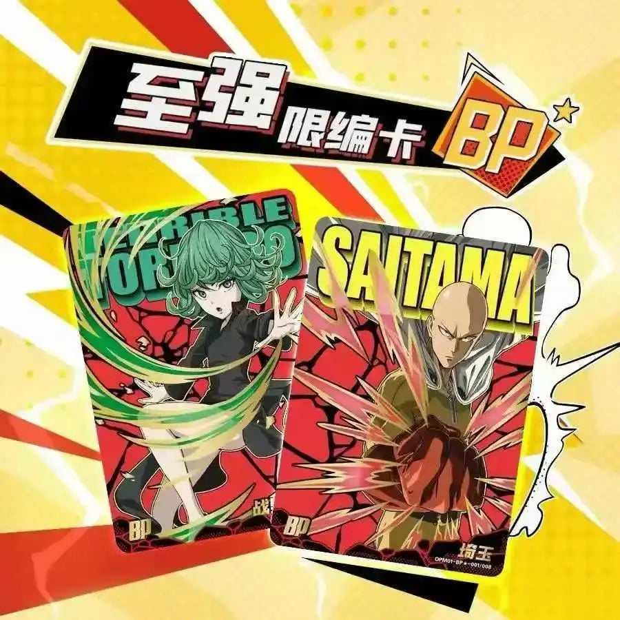 Two vibrant glossy trading cards from one punch man battle collection featuring saitama and a green-haired woman