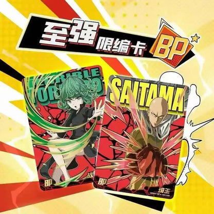 Two vibrant glossy trading cards from one punch man battle collection featuring saitama and a green-haired woman