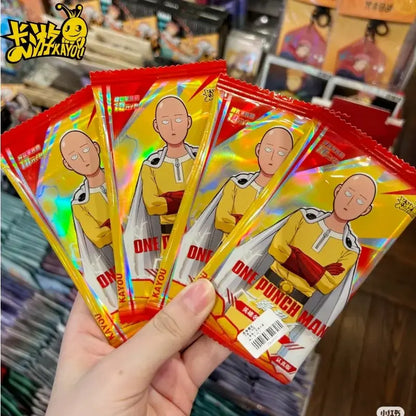 Vibrant holographic red and yellow punch man saitama card namebook packets from the battle collection featuring saitama in yellow suit