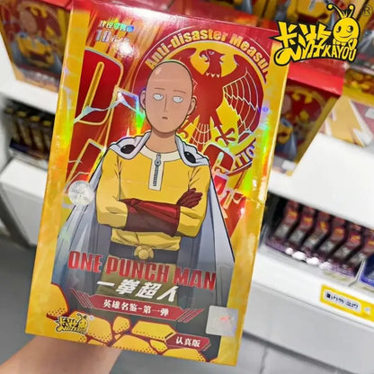 Yellow and red holographic punch man saitama card namebook battle collection packaging featuring saitama in yellow shirt with arms crossed
