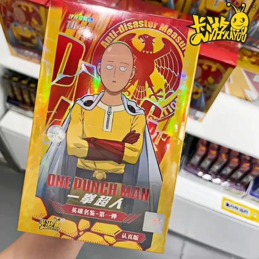 Yellow and red holographic punch man saitama card namebook battle collection packaging featuring saitama in yellow shirt with arms crossed