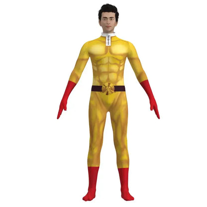 Yellow and red textured muscular saitama cosplay bodysuit with cloak for one punch man cosplay bodysuit fans