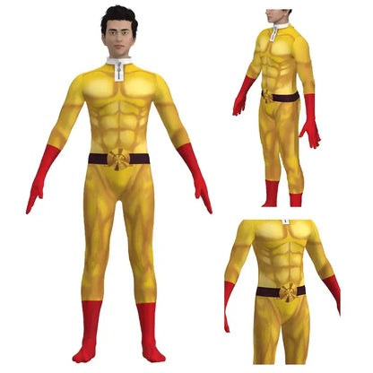 Yellow and red saitama cosplay bodysuit with textured muscular design and cloak for one punch man cosplay