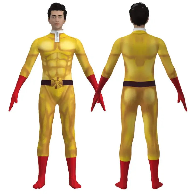 Yellow and red saitama cosplay bodysuit with textured muscular design and black belt for one punch man cosplay