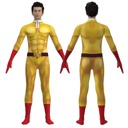 Yellow and red saitama cosplay bodysuit with textured muscular design and black belt for one punch man cosplay