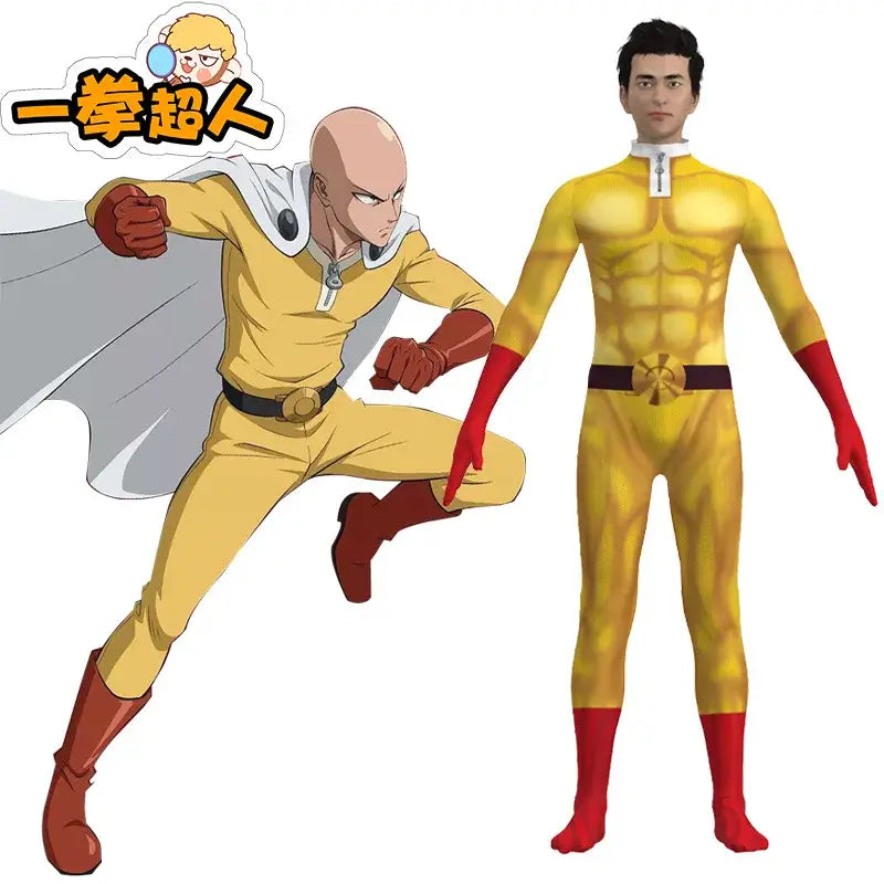 Yellow and red saitama cosplay bodysuit with textured muscular design and cloak for one punch man cosplay