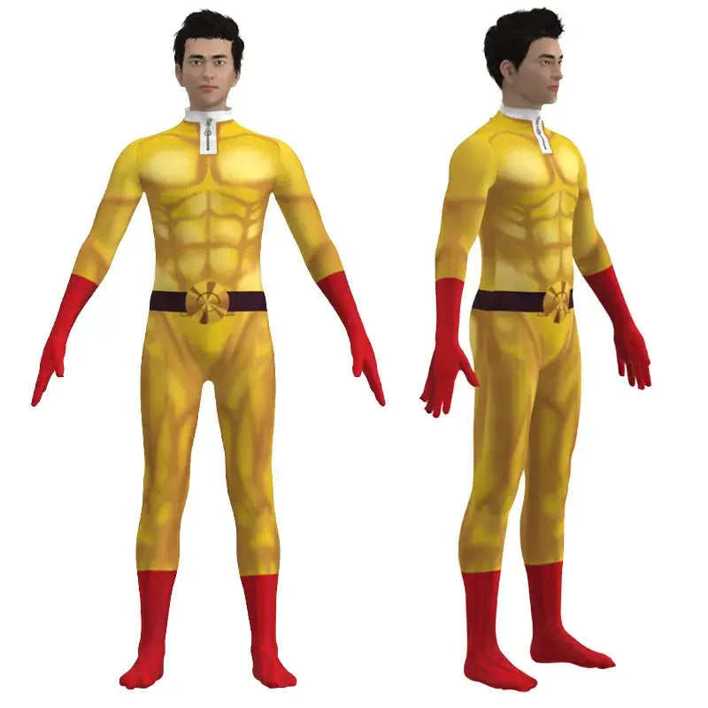 Yellow and red saitama cosplay bodysuit with textured muscles and black belt featuring gold emblem for one punch man fans