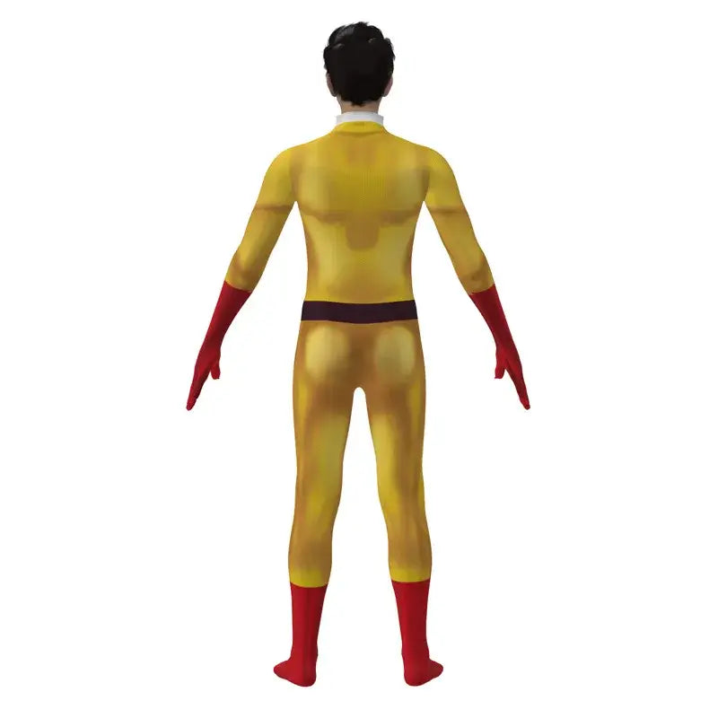 Yellow and red saitama cosplay bodysuit with black belt one-piece design for punch man costume with cloak