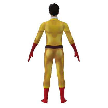 Yellow and red saitama cosplay bodysuit with black belt one-piece design for punch man costume with cloak