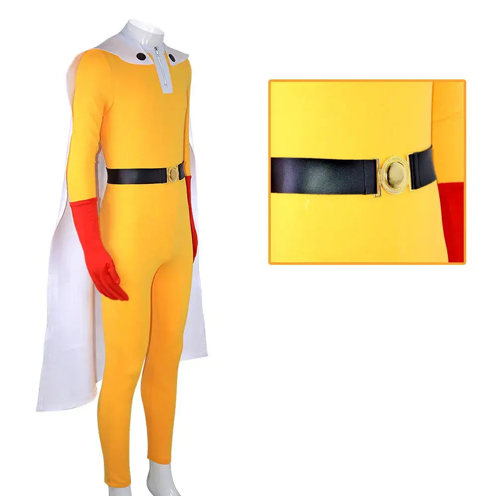 Bright yellow punch man saitama cosplay suit with red gloves white cape and black belt gold buckle full set with cloak