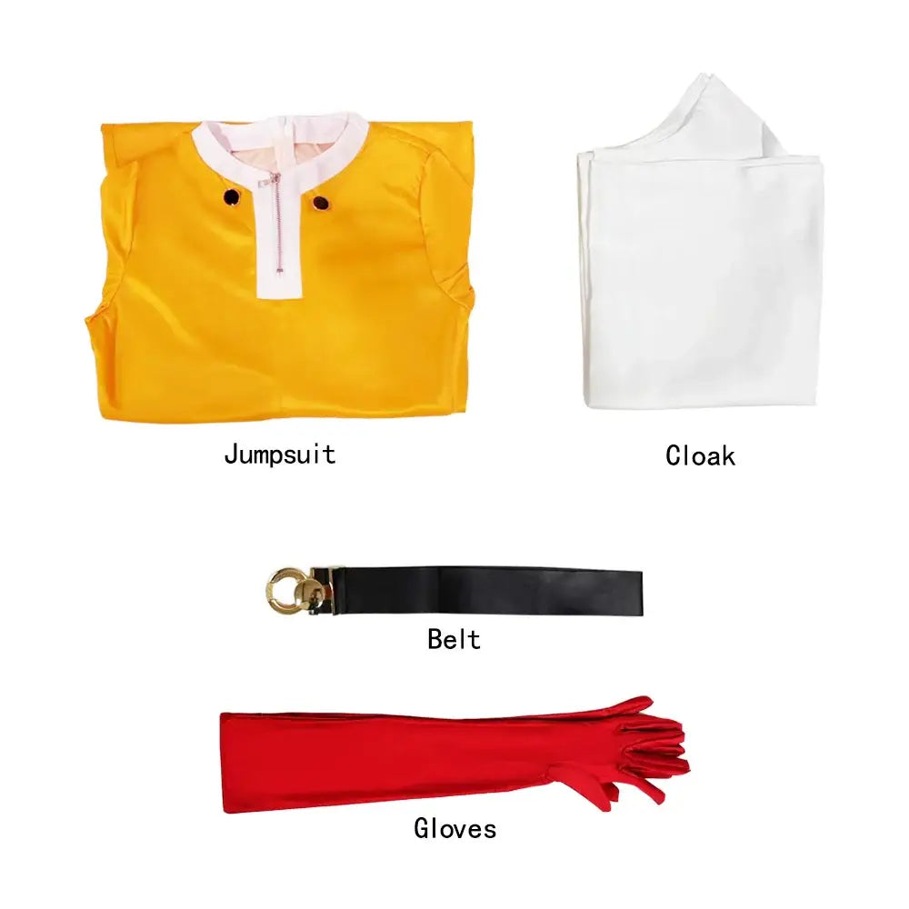 Yellow satin jumpsuit with white collar and zipper detail in one punch man saitama cosplay suit full set with cloak